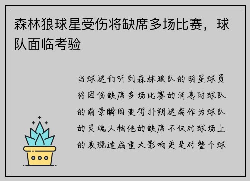 森林狼球星受伤将缺席多场比赛，球队面临考验