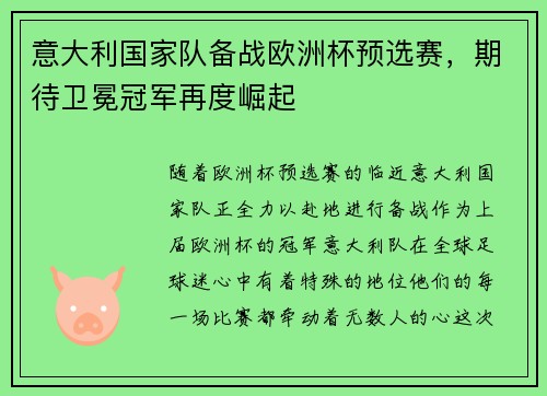 意大利国家队备战欧洲杯预选赛，期待卫冕冠军再度崛起